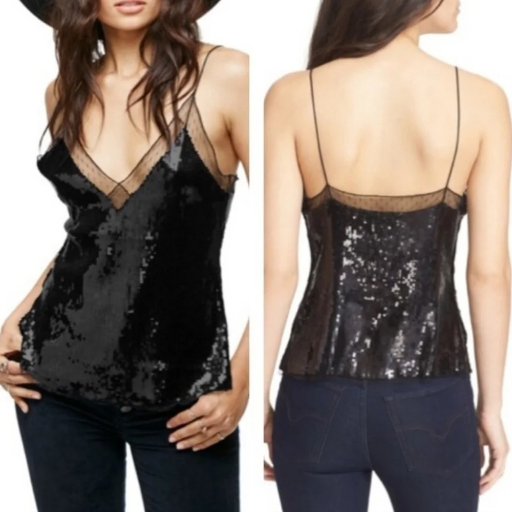 Free People Anthropologie Sassy Eras Tour Sequins Camisole Cami Tank Top Black L